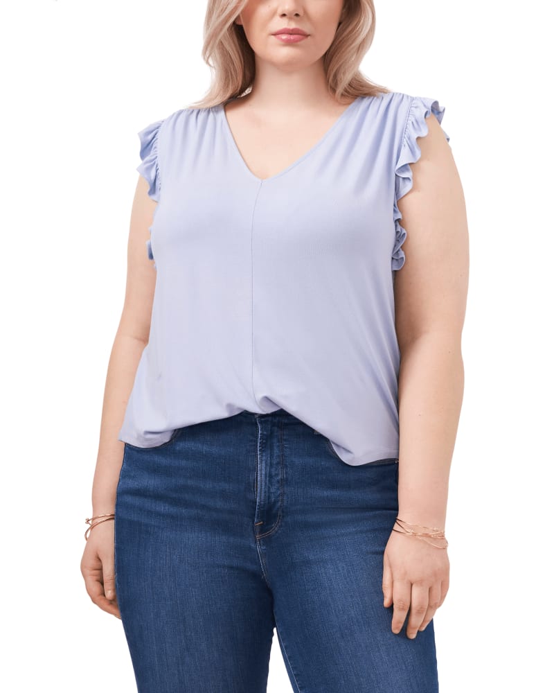 Front of a model wearing a size 0X Grace Ruffle Sleeve Top in SOFT SKY by 1.State. | dia_product_style_image_id:262317